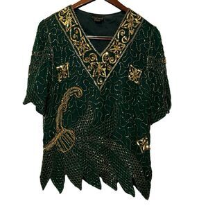Forest Green & Gold Dressy Top 100% Silk Beaded & Sequins Landmark SIZE Medium